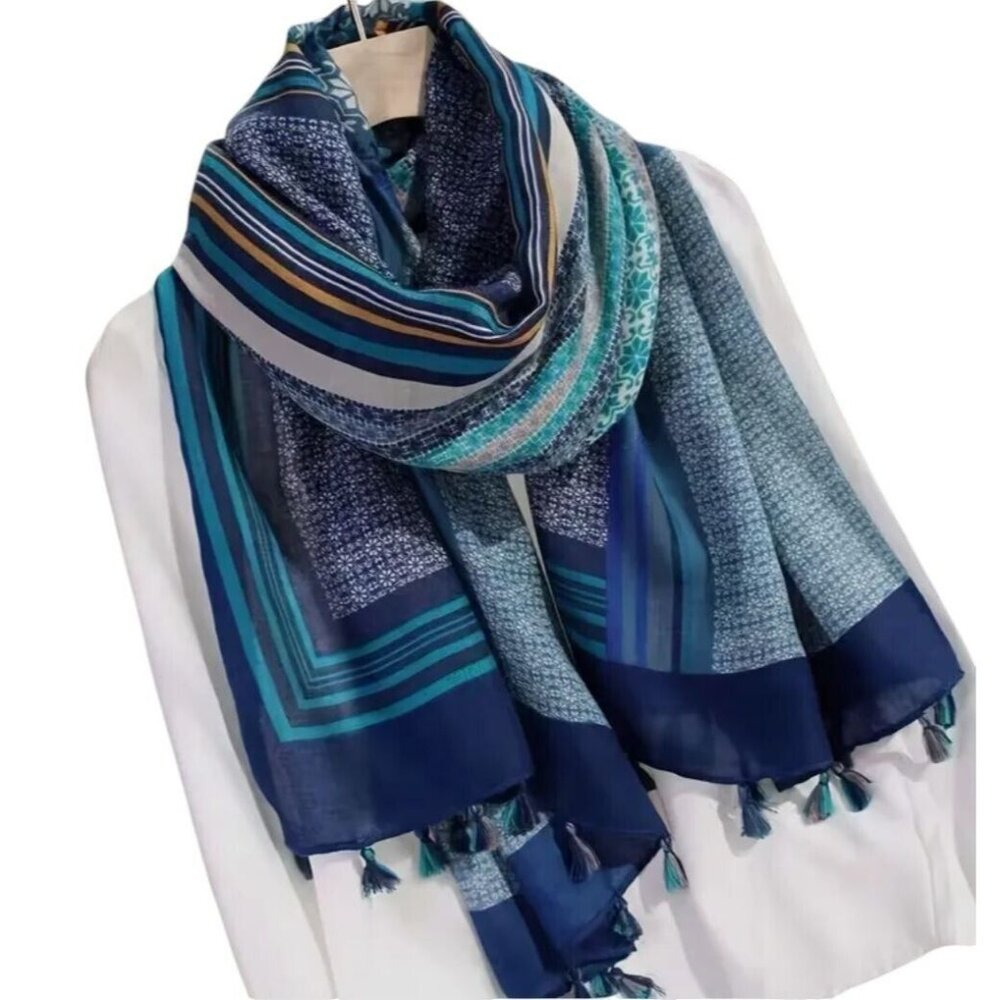 NWT Women's Blue, Aqua + White Lightweight Chiffon Style Scarf w/Tassels